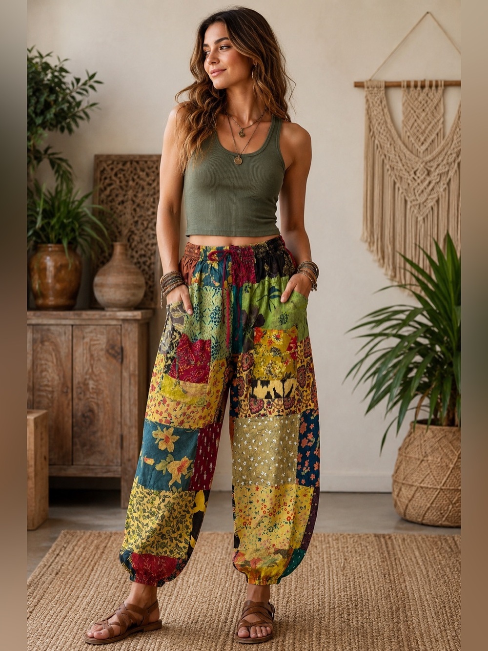 Vintage Kantha Patchwork Jogger Pants Boho Festival Hippie Lounge S-XL